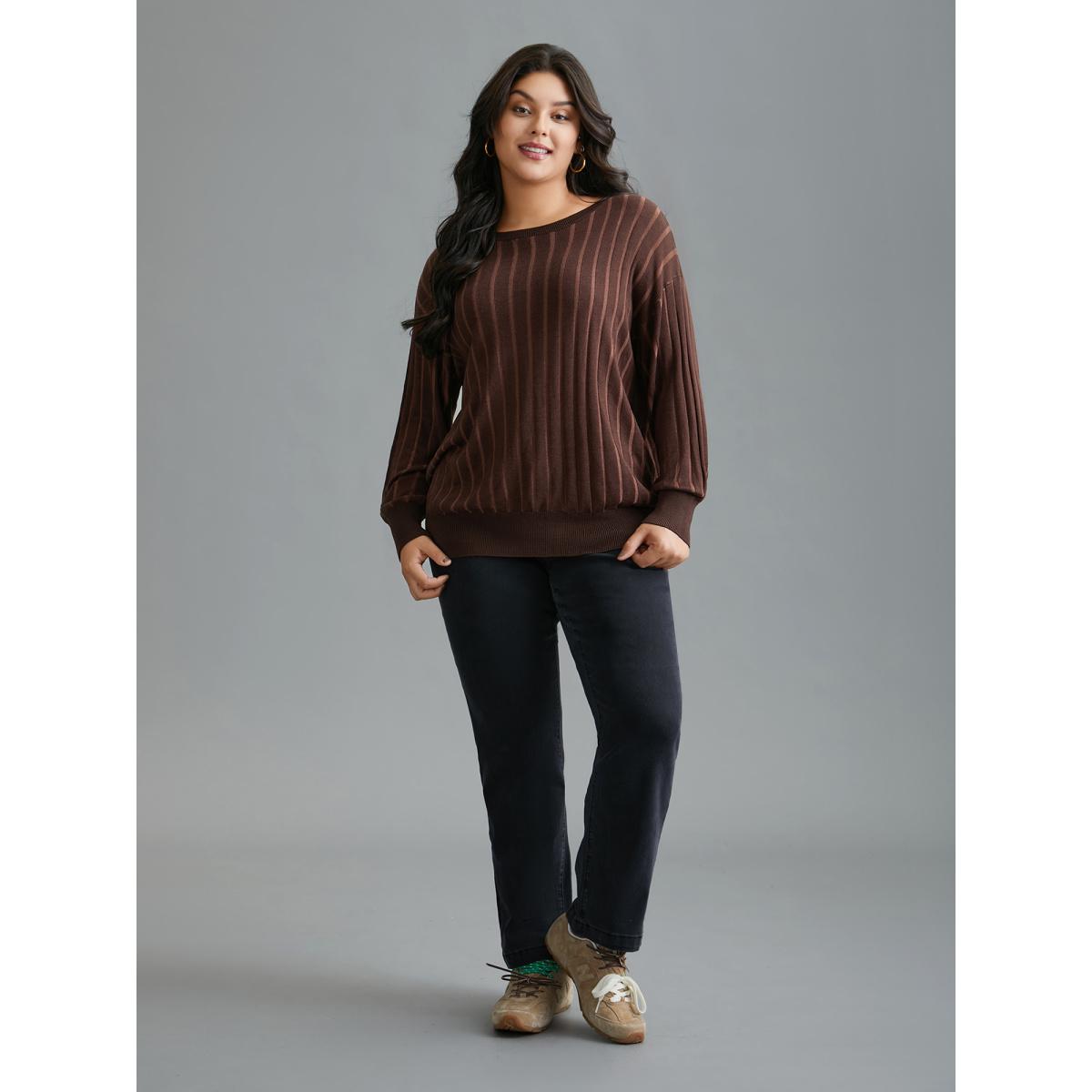 Plus Size Textured Ribbed Hem Round Neck Pullover Browncoffeecolor Women Casual Loose Long Sleeve Round Neck Everyday Pullovers BloomChic 10/M Product Image