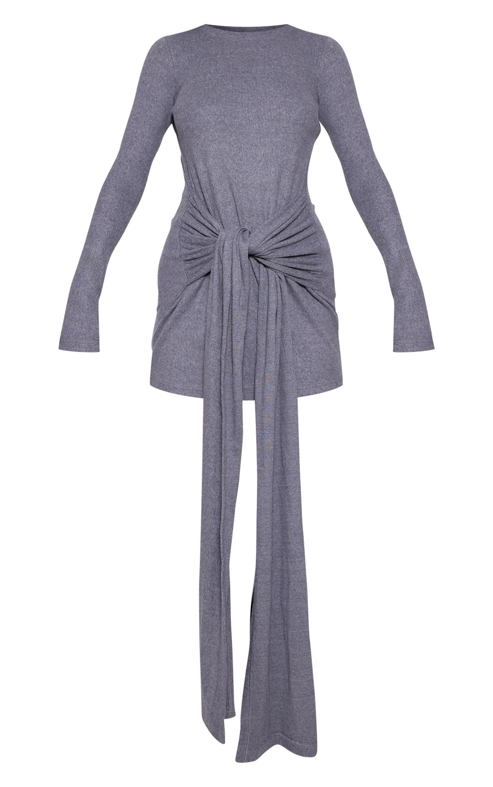 Charcoal Heavy Brushed Rib Wrap Tie Bodycon Dress Product Image
