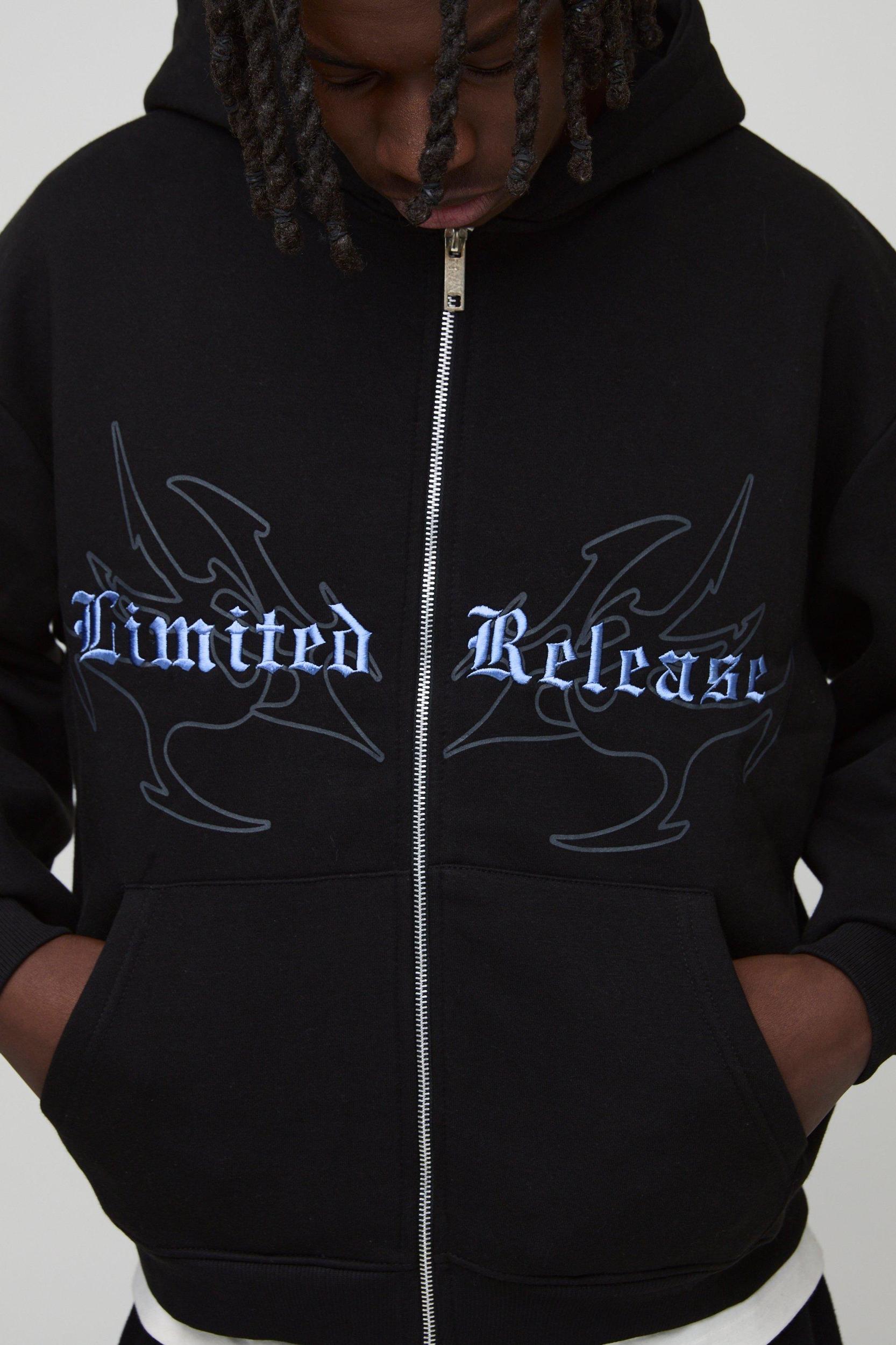 Oversized Boxy Gothic Print Curve Seam Zip Through Hoodie | boohooMAN USA Product Image