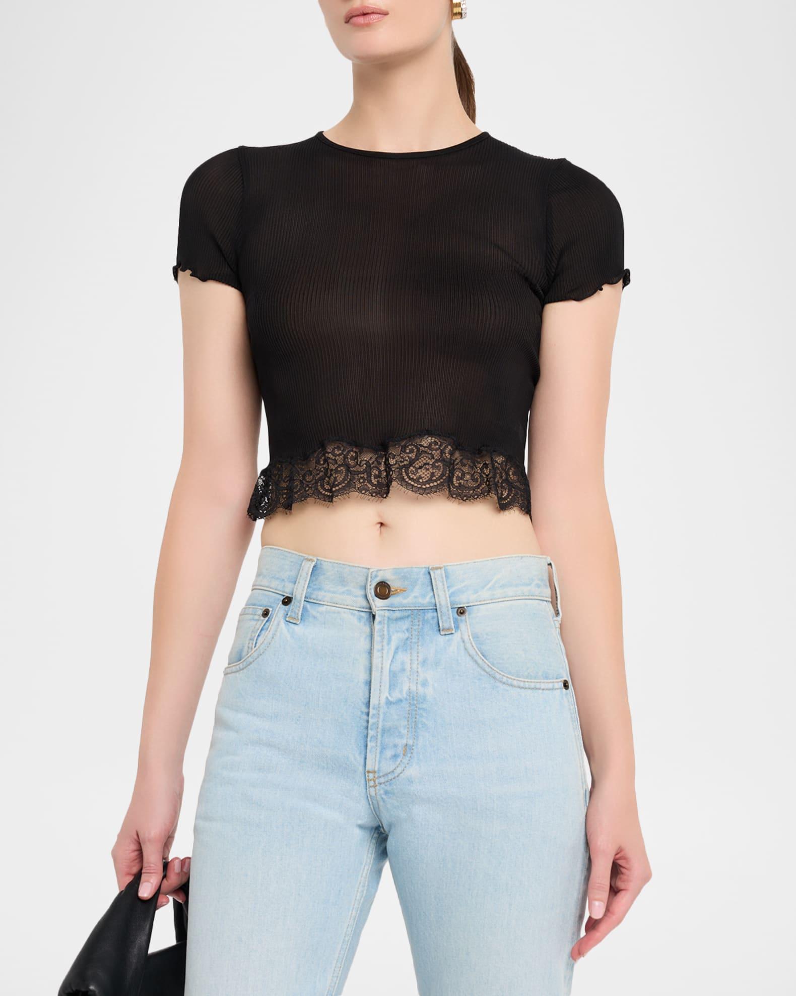Lace-Trim Short-Sleeve Crop T-Shirt Product Image