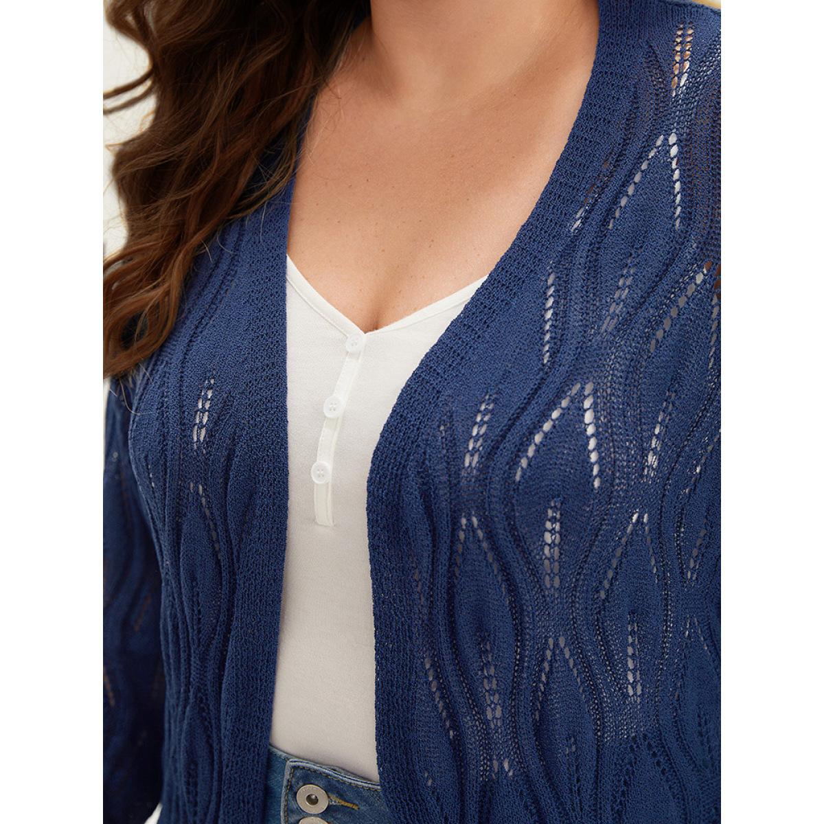 Plus Size Plain Geometric Eyelet Open Front Maxi Cardigan Indigo Women Casual Loose Long Sleeve Everyday Cardigans BloomChic 26/4X Product Image