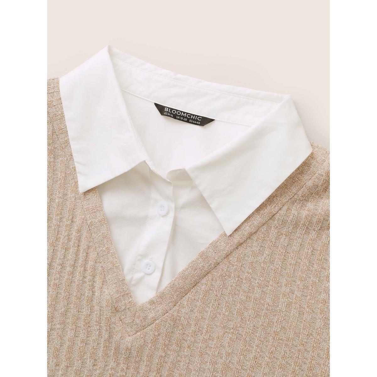 Plus Size 2-In-1 Patchwork Shirt Collar Sweatshirt Women Tan At the Office Contrast Shirt collar Office Sweatshirts BloomChic 28/5X Product Image