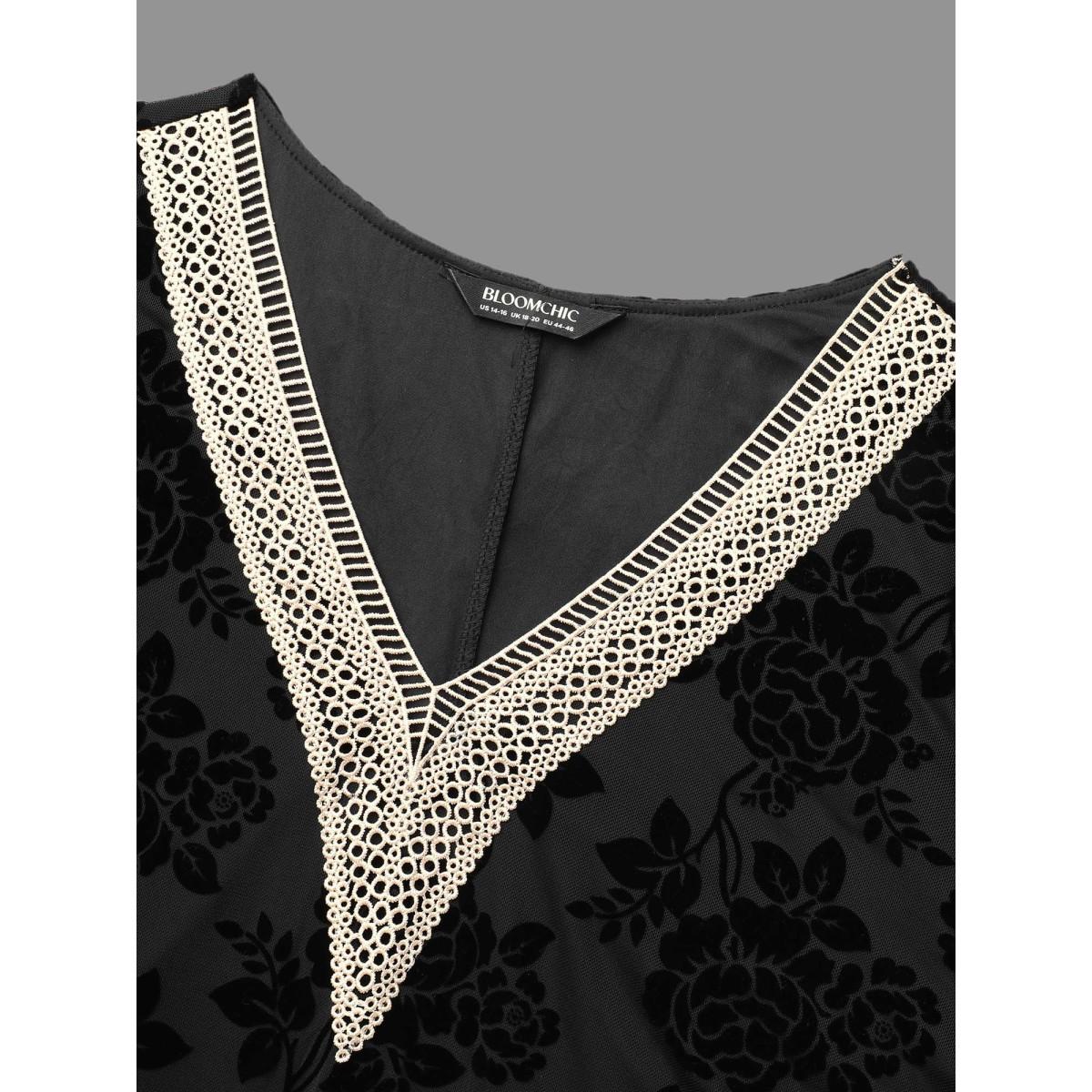 Plus Size Black Sheer Flocked Lace Trim V-neck Blouse Women Cocktail Long Sleeve V-neck Party Blouses BloomChic 14-16/1X Product Image
