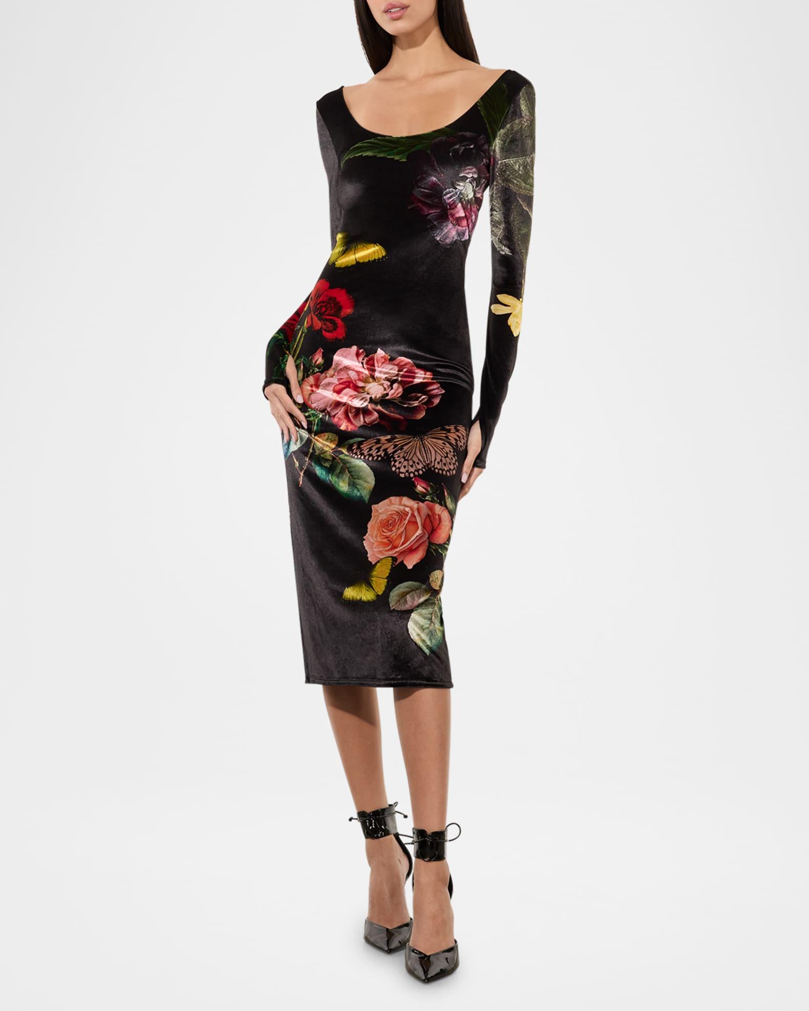 In The Wind Floral Delora Scoop-Neck Velvet Midi Dress Product Image