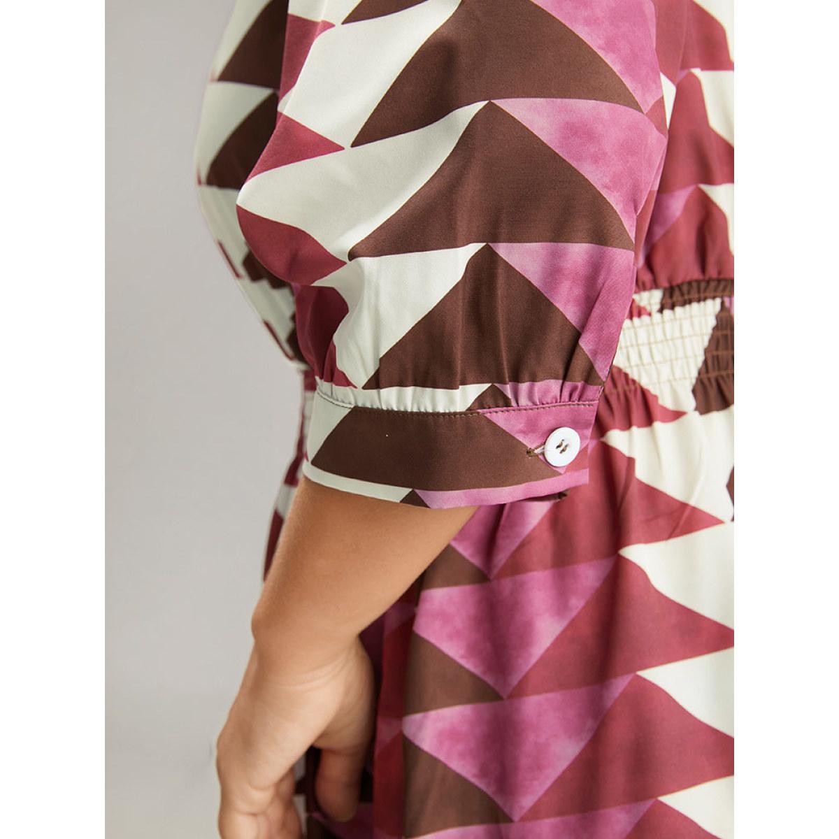 Plus Size Geometric Shirred Button Up Ruffle Hem Dress RedViolet Women Vacation Printed Notched collar Elbow-length sleeve Curvy Midi Dress BloomChic 28/5X Product Image