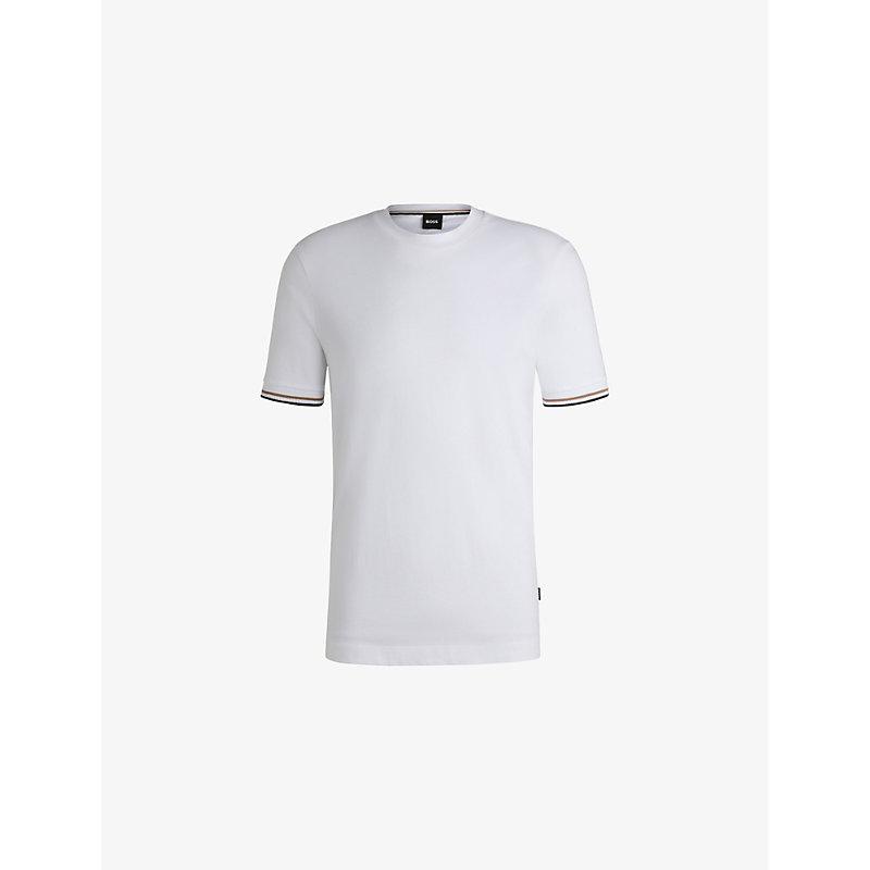 HUGO BOSS Mens White Striped-trim Regular-fit Cotton-jersey T-shirt Xxl Product Image