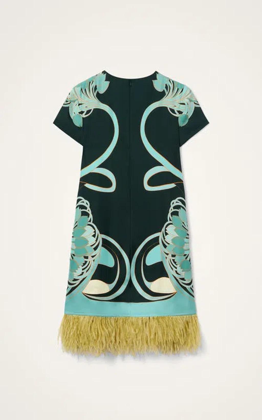 LA DOUBLEJ Swing Printed Feather-trimmed Silk-twill Mini Dress In Blue Product Image