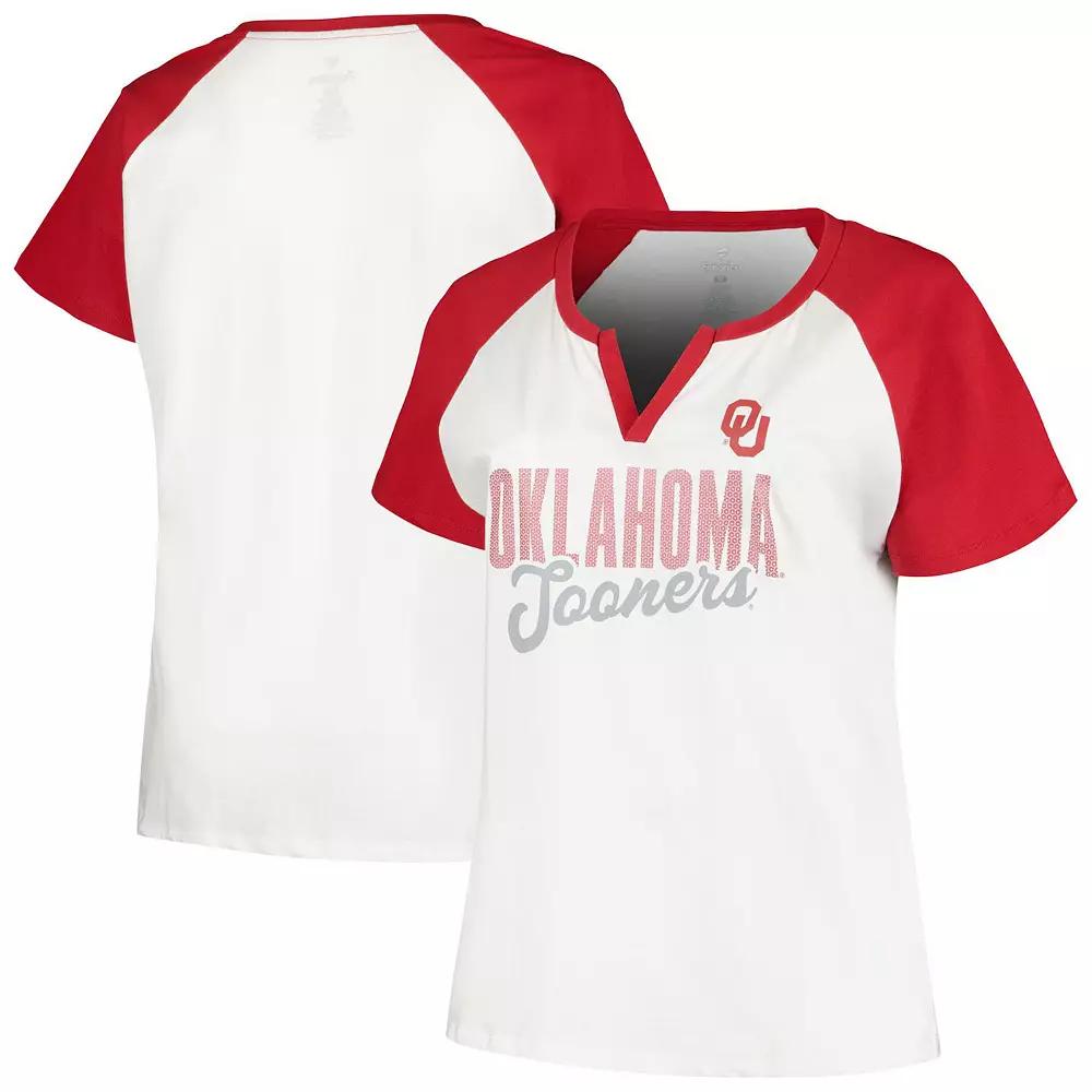 Women's Profile White/Crimson Oklahoma Sooners Plus Size Best Squad Shimmer Raglan Notch Neck T-Shirt, Size: 4XL Product Image