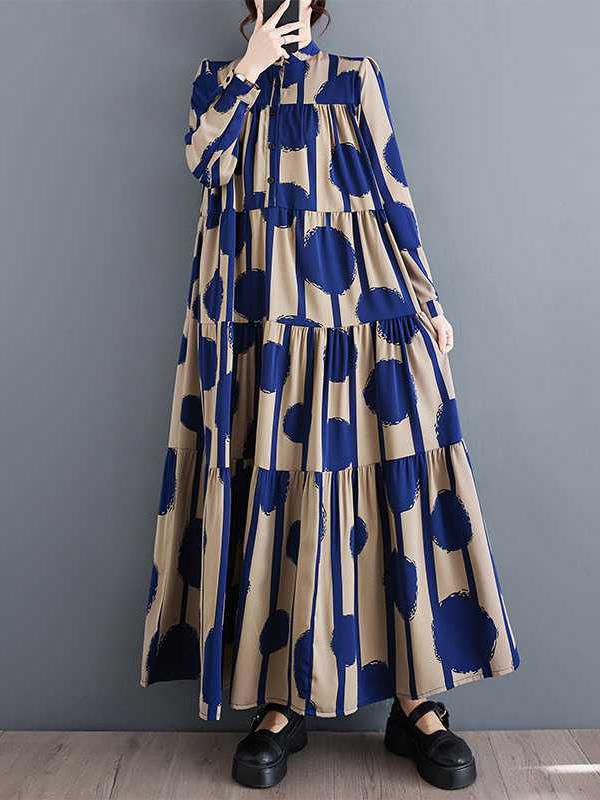 A-Line Long Sleeves Buttoned Pleated Polka-Dot Split-Joint Stand Collar Maxi Dresses Shirt Dress Product Image