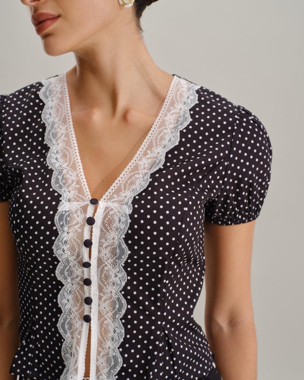 Black Polka Dot Lace Trim Blouse Product Image