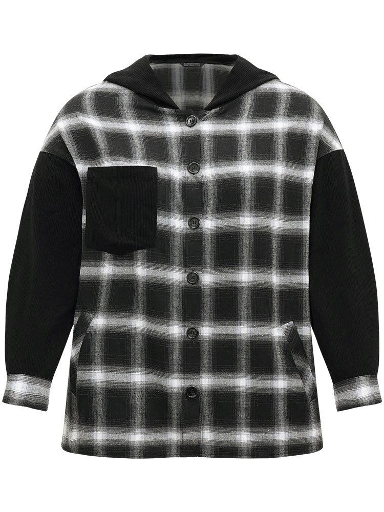 Plaid Hooded Patched Pocket Button Up Patchwork Coat Female Product Image