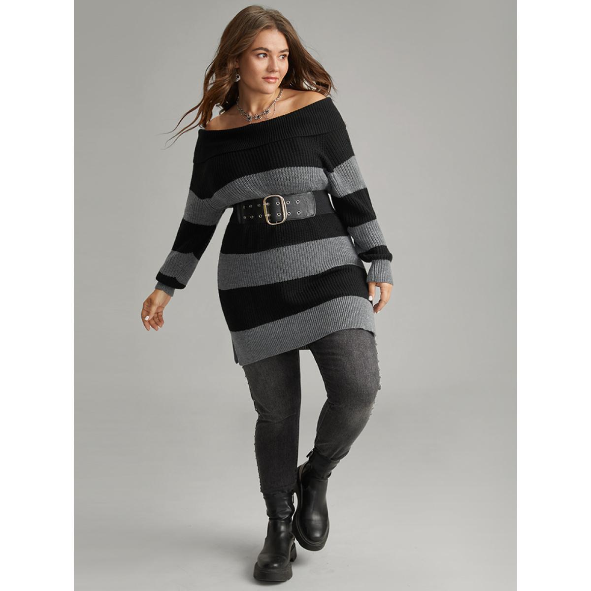 Plus Size Colorblock Drop Shoulder Lapel Collar Pullover Black Women Casual Loose Long Sleeve Lapel Collar Festival-Halloween Pullovers BloomChic 12/L Product Image