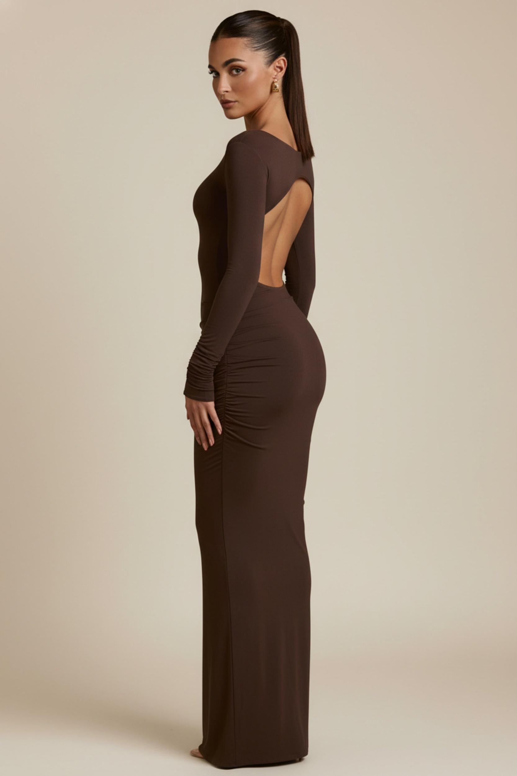 Modal Ruched Backless Maxi Dress in Chocolate Brown Product Image