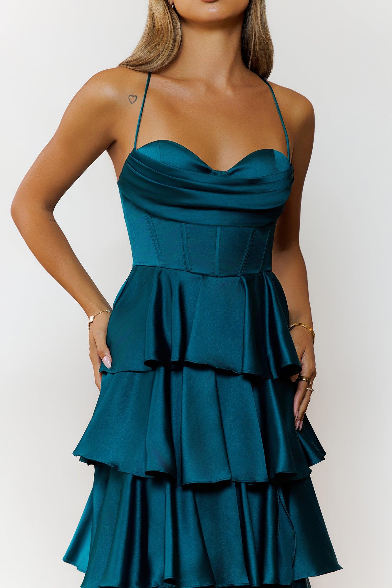 Lights Camera Party Satin Maxi Dress Emerald Product Image