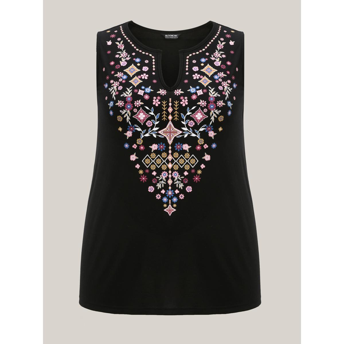 Plus Size Stretchy Boho Print Tank Top Women Black Leisure Non Flat collar with V-notch Casual Tank Tops Camis BloomChic 14-16/1X Product Image