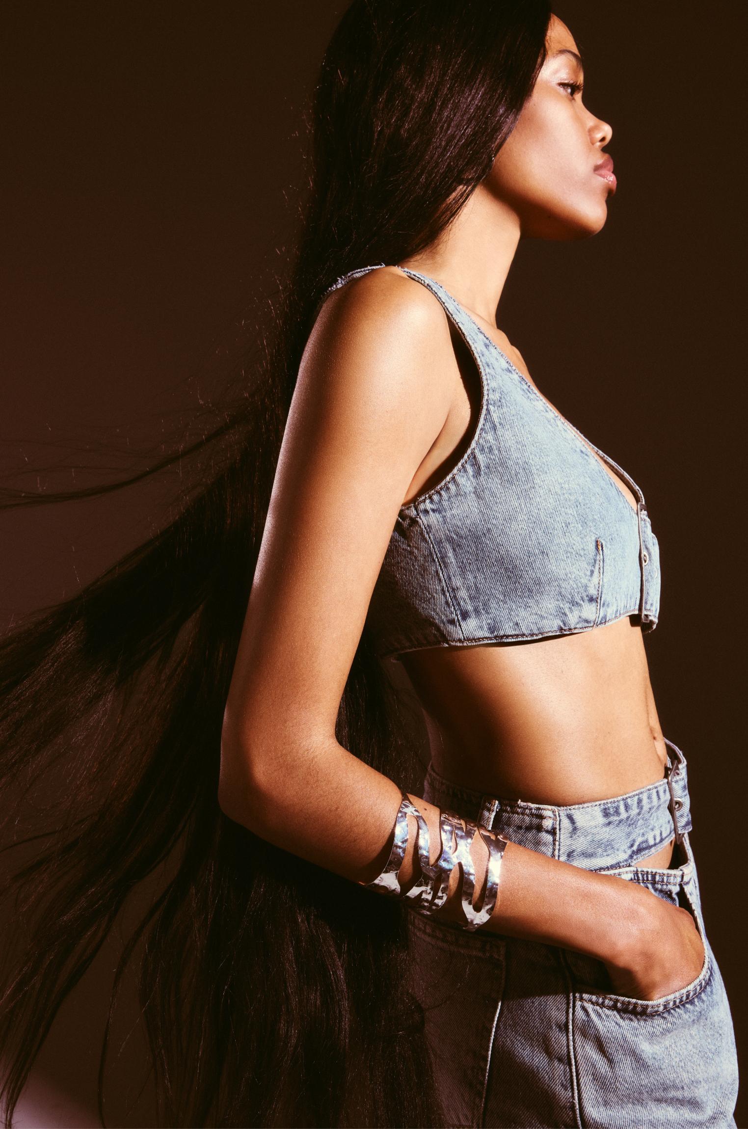 Denim crop top with buckle Product Image