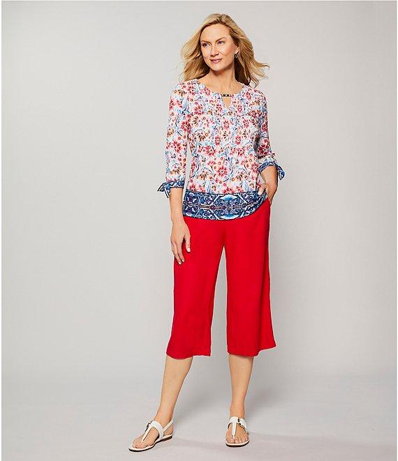 Allison Daley Pomegranate Floral Vine Border 3/4 Tie Sleeve Keyhole Neck Knit Top Product Image