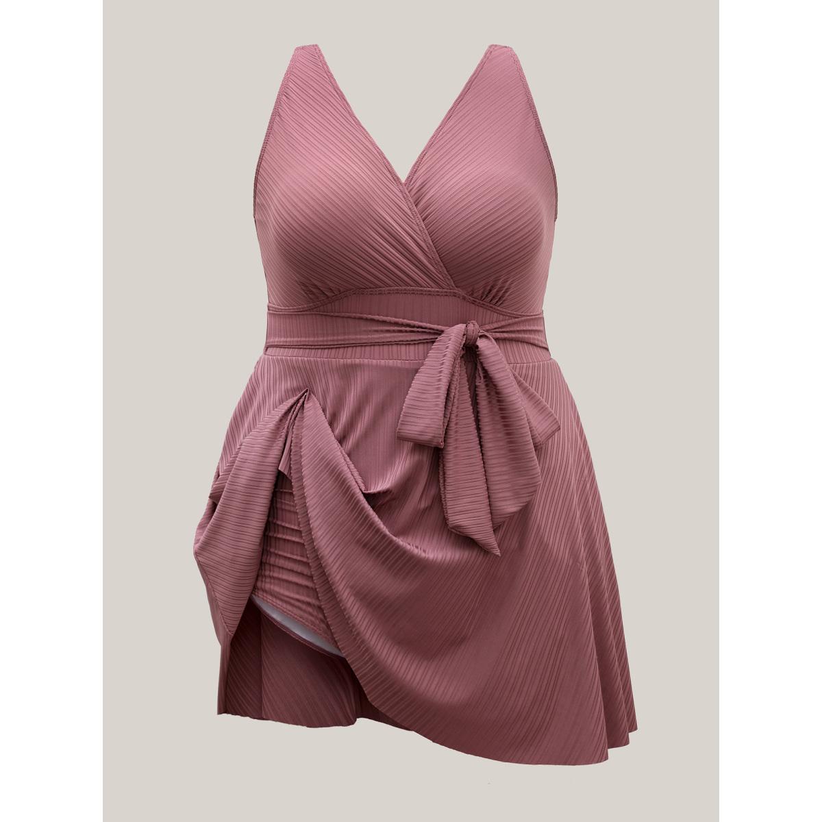 Plus Size Textured Belted Solid Swim Dress Women's Swimwear DustyPink Beach Bodycon Overlap Collar High stretch Curve Swim Dresses BloomChic 18-20/2X Product Image