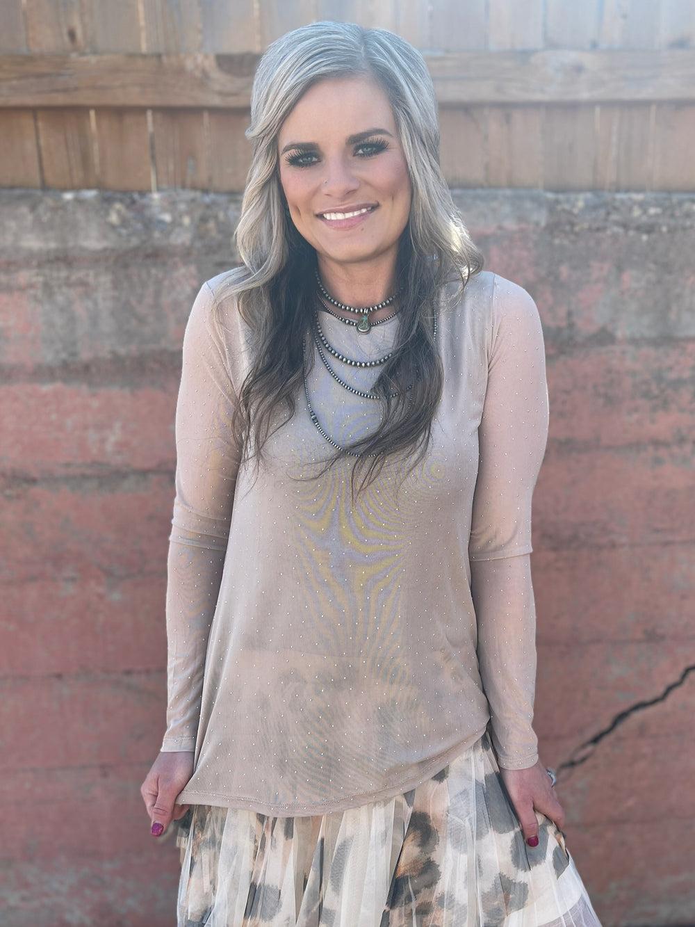 Origami Taupe Rhinestone Mesh Long Length Loose Fitting Top Product Image