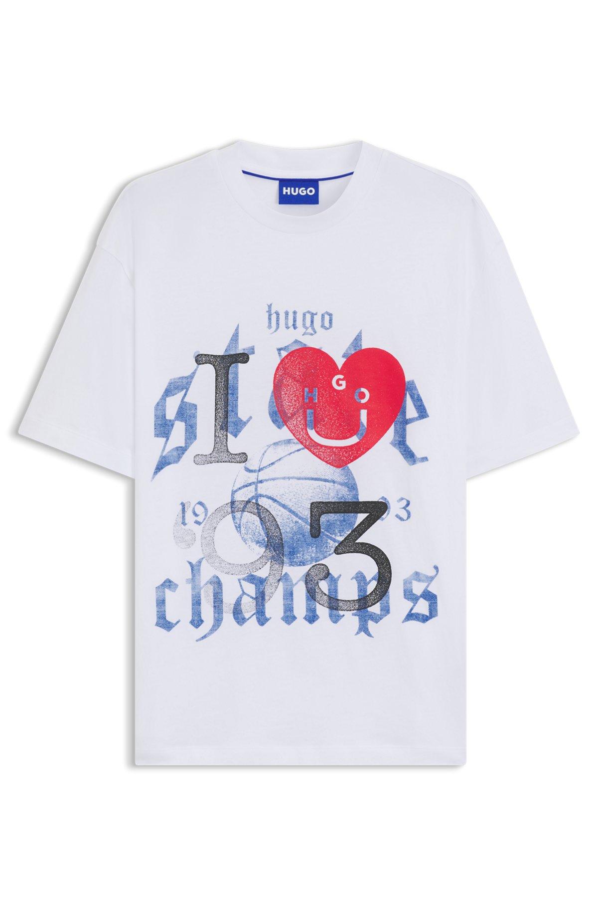 HUGO - Cotton-jersey T-shirt with Happy HUGO artwork - White Product Image