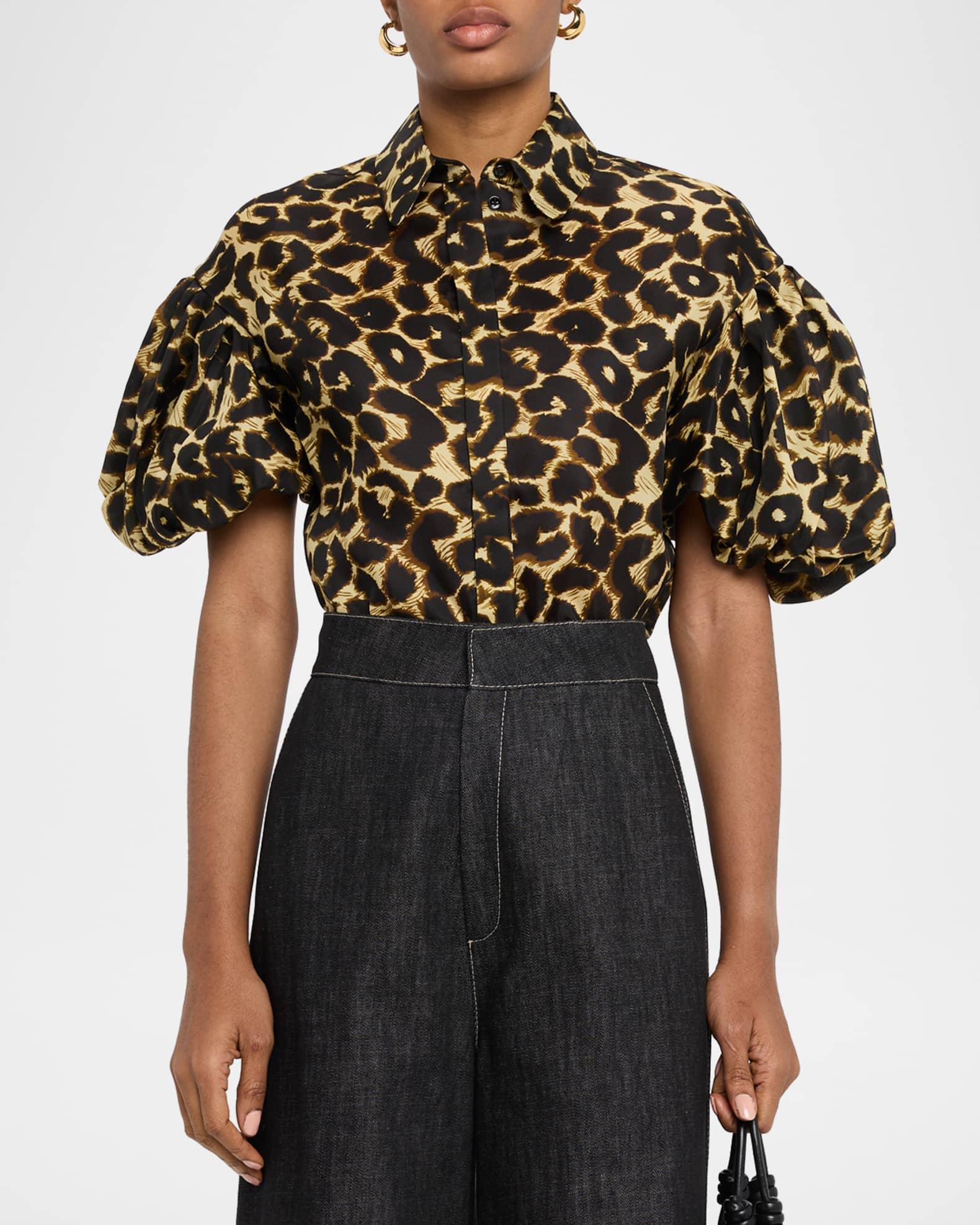 Leopard-Print Puff-Sleeve Button-Down Shirt Product Image
