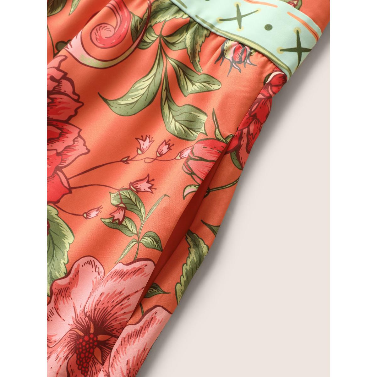 Plus Size Floral Print Elastic Waist Shirred Cami Dress Salmon Women Resort Non V-neck Sleeveless Curvy BloomChic 10/M Product Image