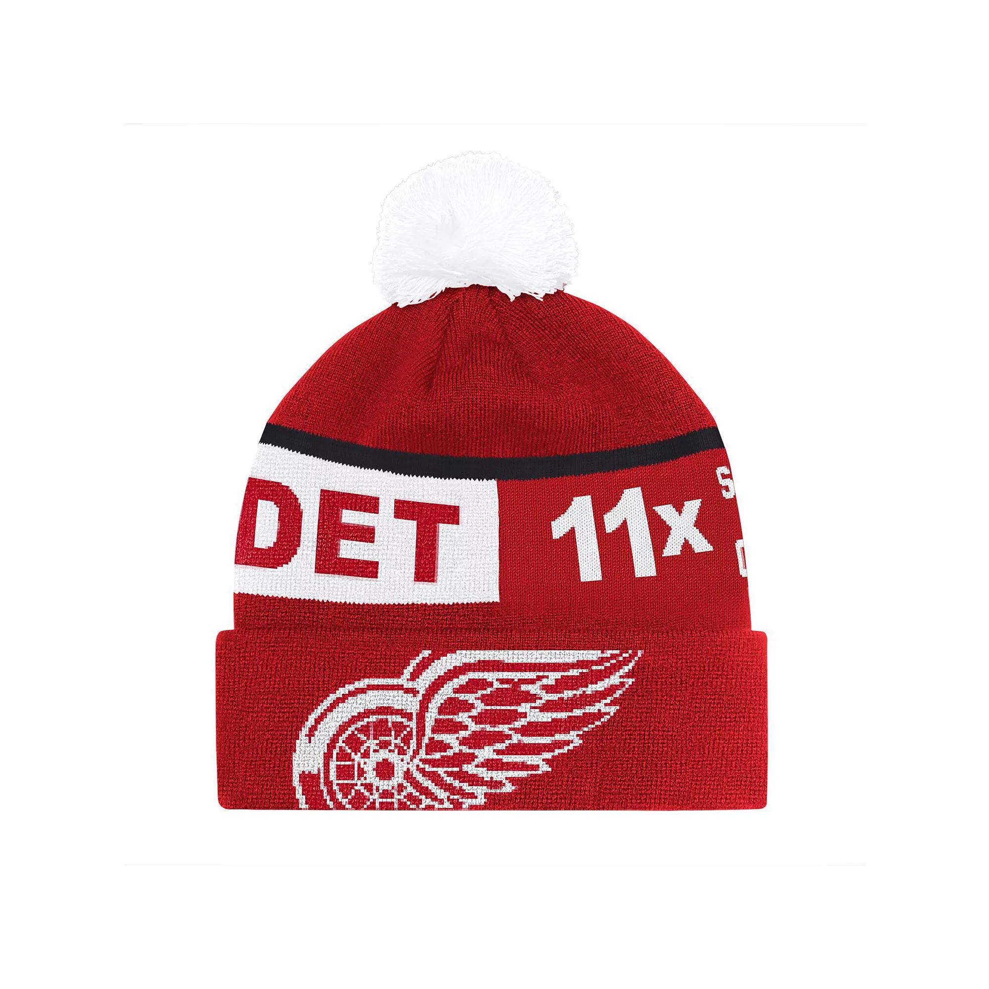 Men's Starter Red Detroit Red Wings Chyron Commemorative Cuffed Knit Hat with Pom Product Image