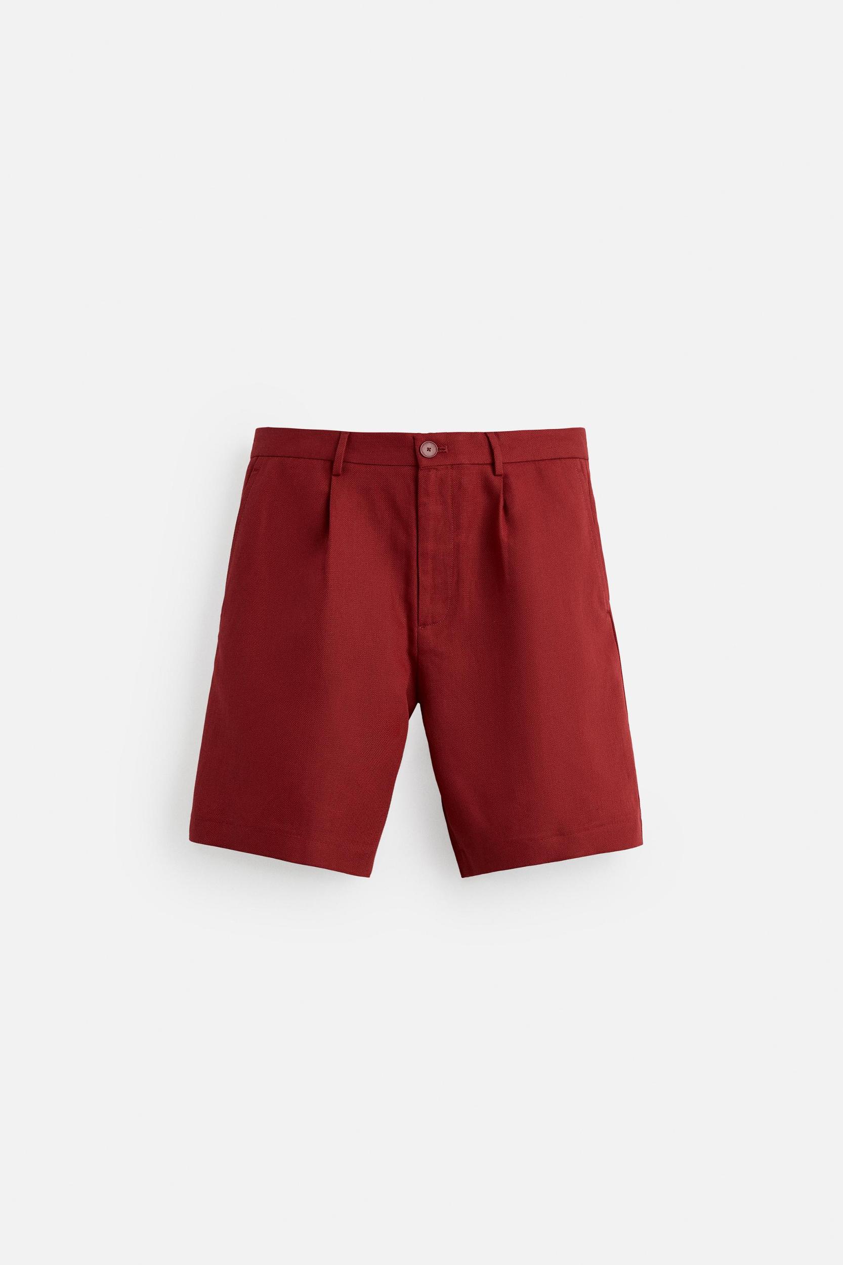 COTTON LINEN TEXTURED BERMUDA SHORTS Product Image