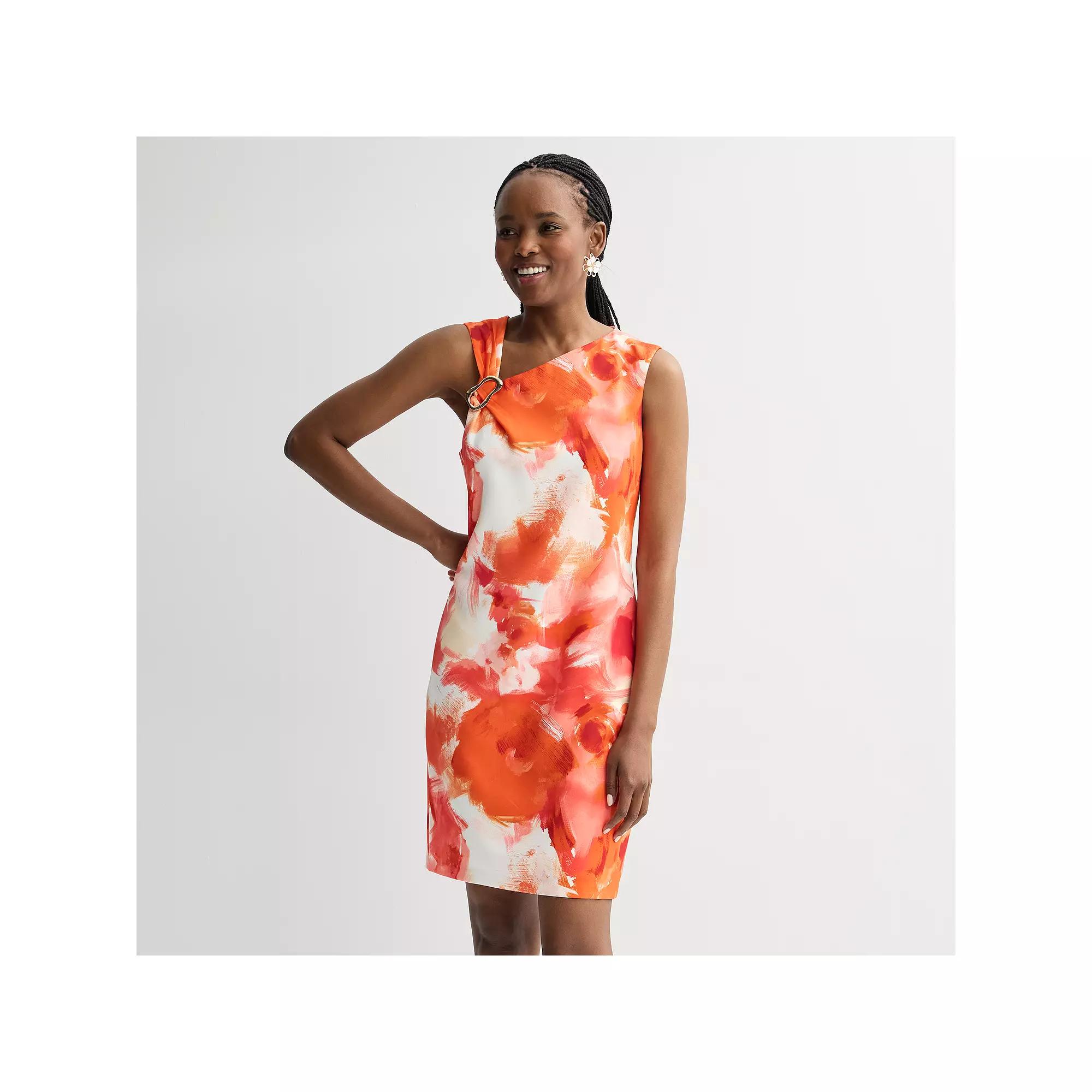 Women's Donna Ricco Sleeveless Asymmetrical Hardware Midi Dress, Size: 16, Orange Print Product Image