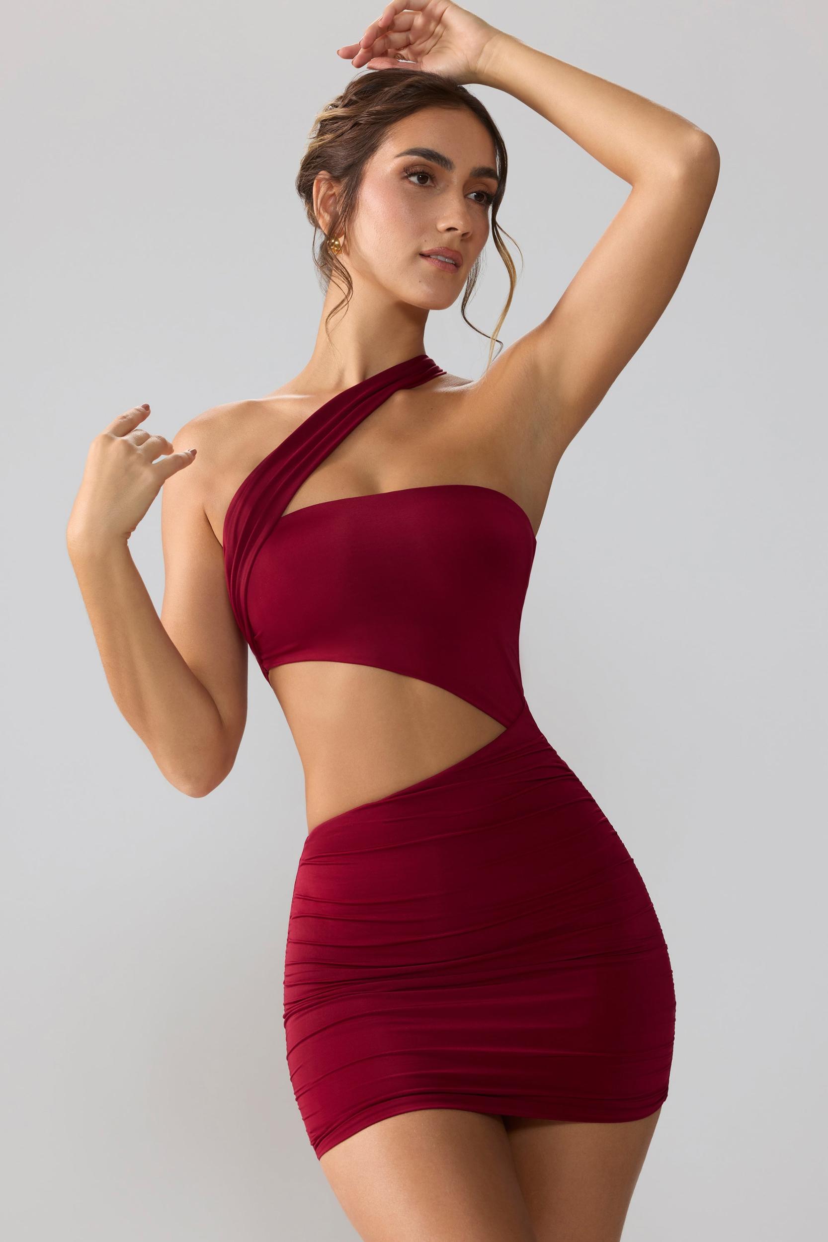 Slinky Jersey Ruched Cut Out Mini Dress in Ruby Product Image
