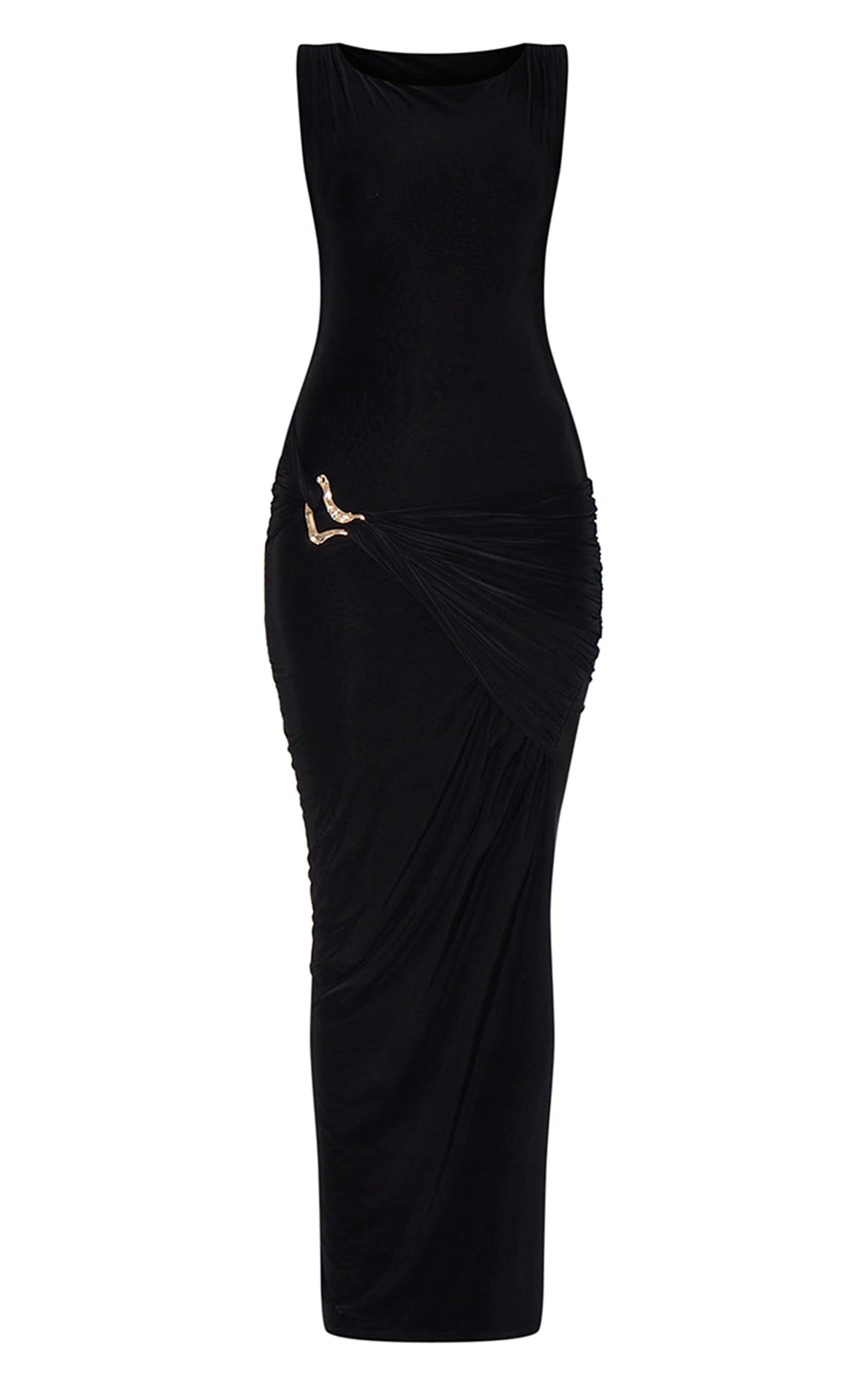 Black Double Layer Ruched Trim Detail Midaxi Dress Product Image