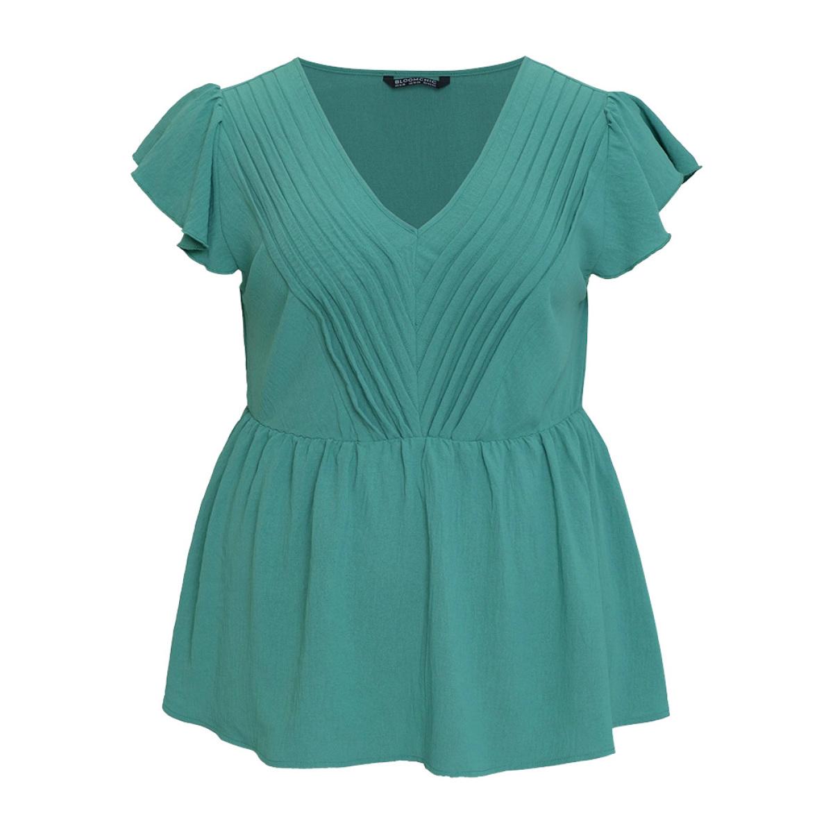 Plus Size Mint Solid Pleated Flutter Cap Sleeve Blouse Women Elegant Cap Sleeve V-neck Dailywear Blouses BloomChic 22-24/3X Product Image