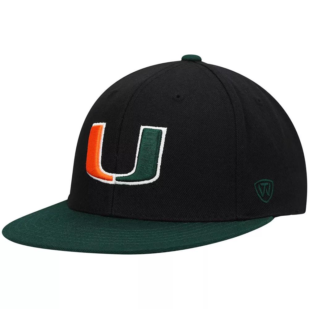 Men's Top of the World Black/Green Miami Hurricanes Team Color Two-Tone Fitted Hat, Size: 6 7/8 Product Image