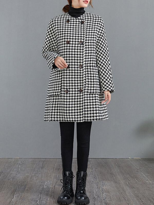 Loose Houndstooth Buttoned Round-Neck Long Sleeves Woolen Coat Product Image