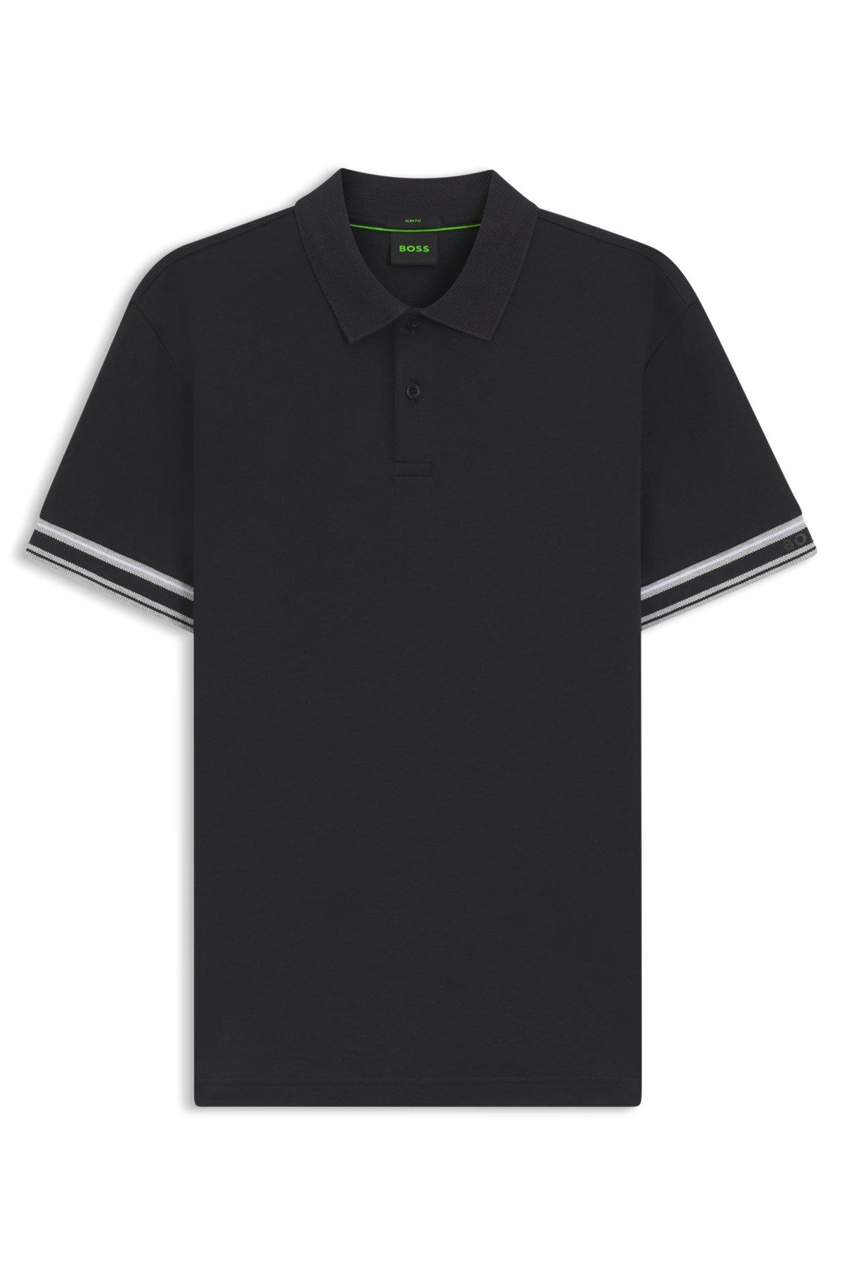 BOSS - Slim-fit polo shirt in cotton with striped collar - Dark Blue Product Image