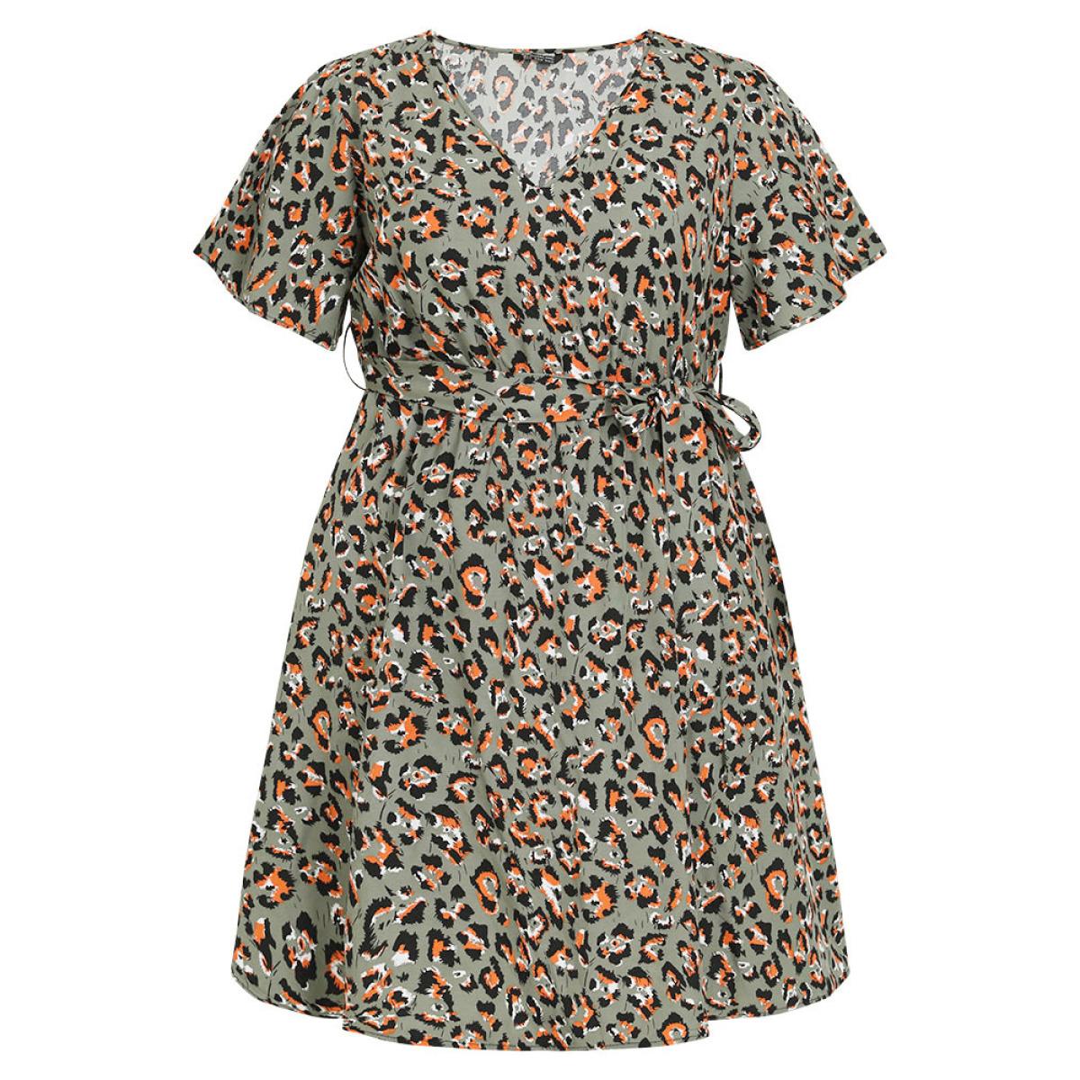 Plus Size Colour Leopard Print Belted Ruffle Hem Pocket Dress ArmyGreen Women Elegant Gathered V-neck Short sleeve Curvy Knee Dress BloomChic 14-16/1X Product Image