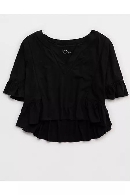 Aerie Flowy Cropped Notch Neck T-Shirt Women's Product Image