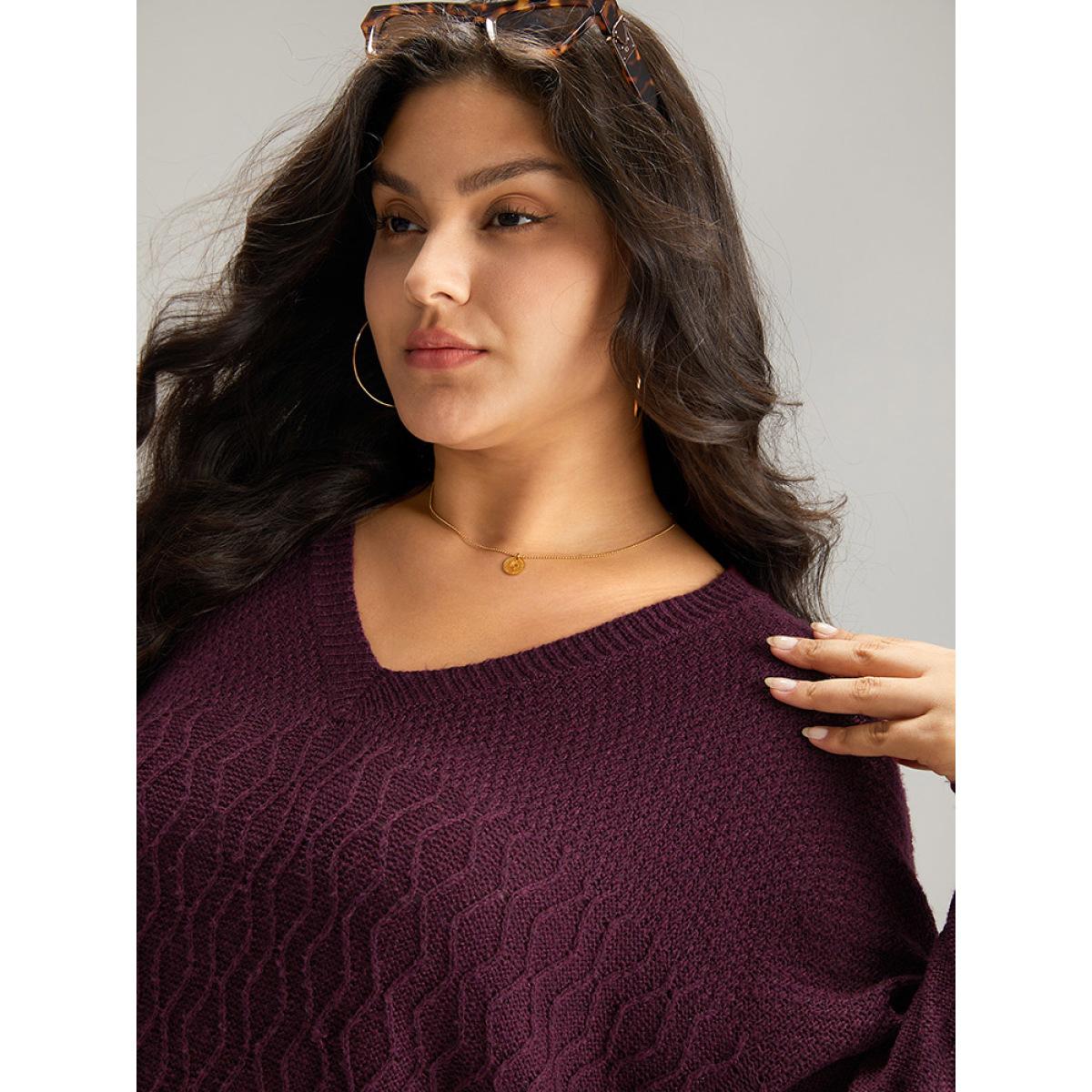 Plus Size Plisse Solid Drop Shoulder Pullover RedViolet Women Casual Loose Long Sleeve V-neck Dailywear Pullovers BloomChic 18-20/2X Product Image