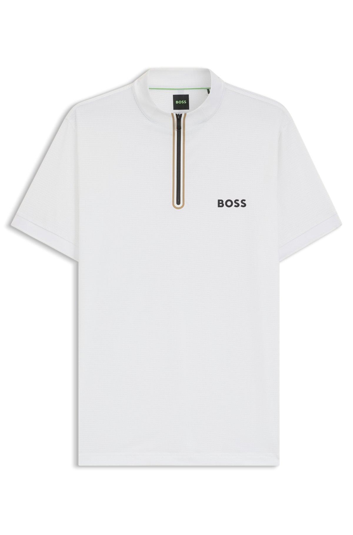 BOSS - Active zip-neck T-shirt in stretch-mesh jersey - White Product Image