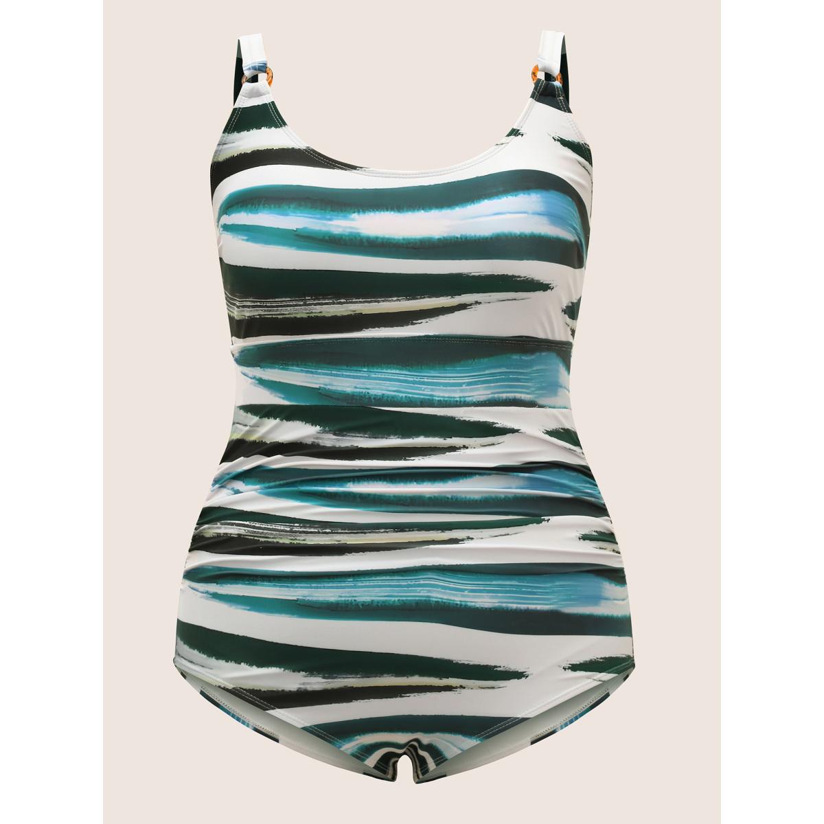 Plus Size Geometric Round Buckle Detail Gathered One Piece Swimsuit Women's Swimwear Teal Beach Gathered Curve Bathing Suits High stretch One Pieces BloomChic 18-20/2X Product Image