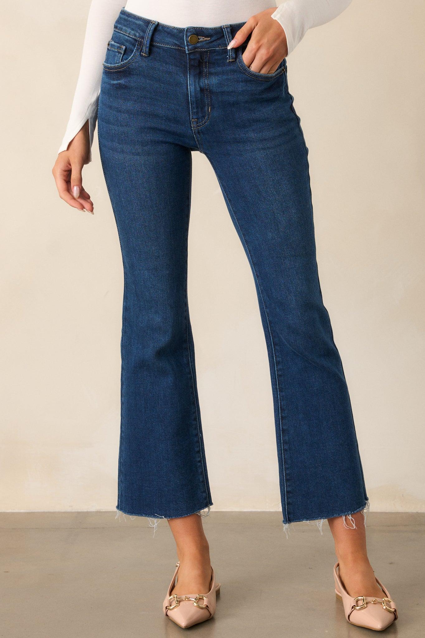 Nightfall Spark Dark Wash Cropped Raw Edge Flare Jeans Product Image