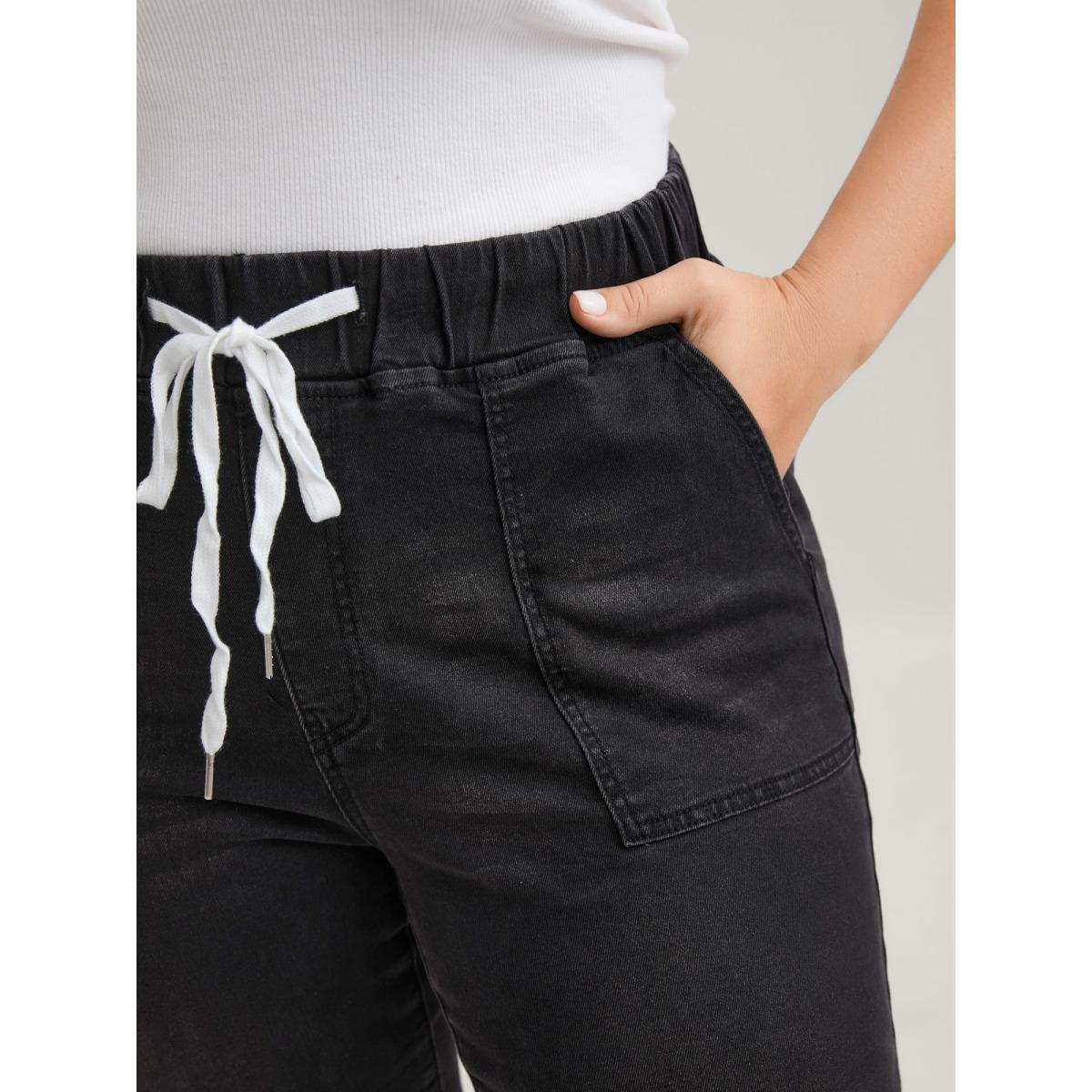 Plus Size Drawstring Elastic Waist Roll Hem Jeans Women Black Leisure Plain Drawstring High stretch Slanted pocket Jeans BloomChic 24/3X Product Image