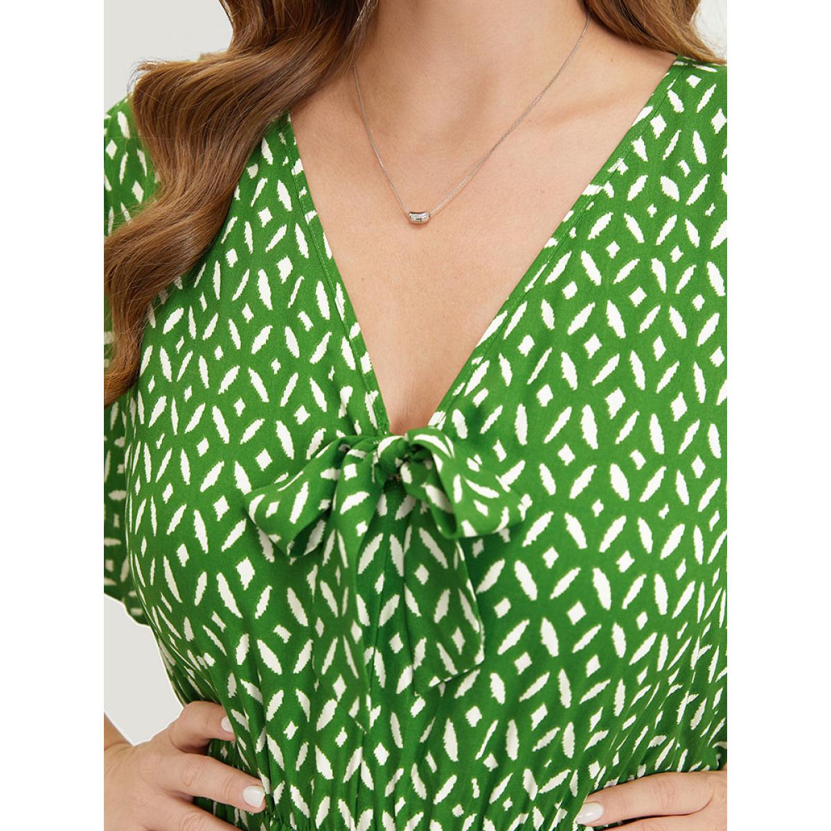 Plus Size Geometric Print Split Knot Reffles Elastic Waist Dress Green Women Elegant Knotted V-neck Short sleeve Curvy Midi Dress BloomChic 12/L Product Image