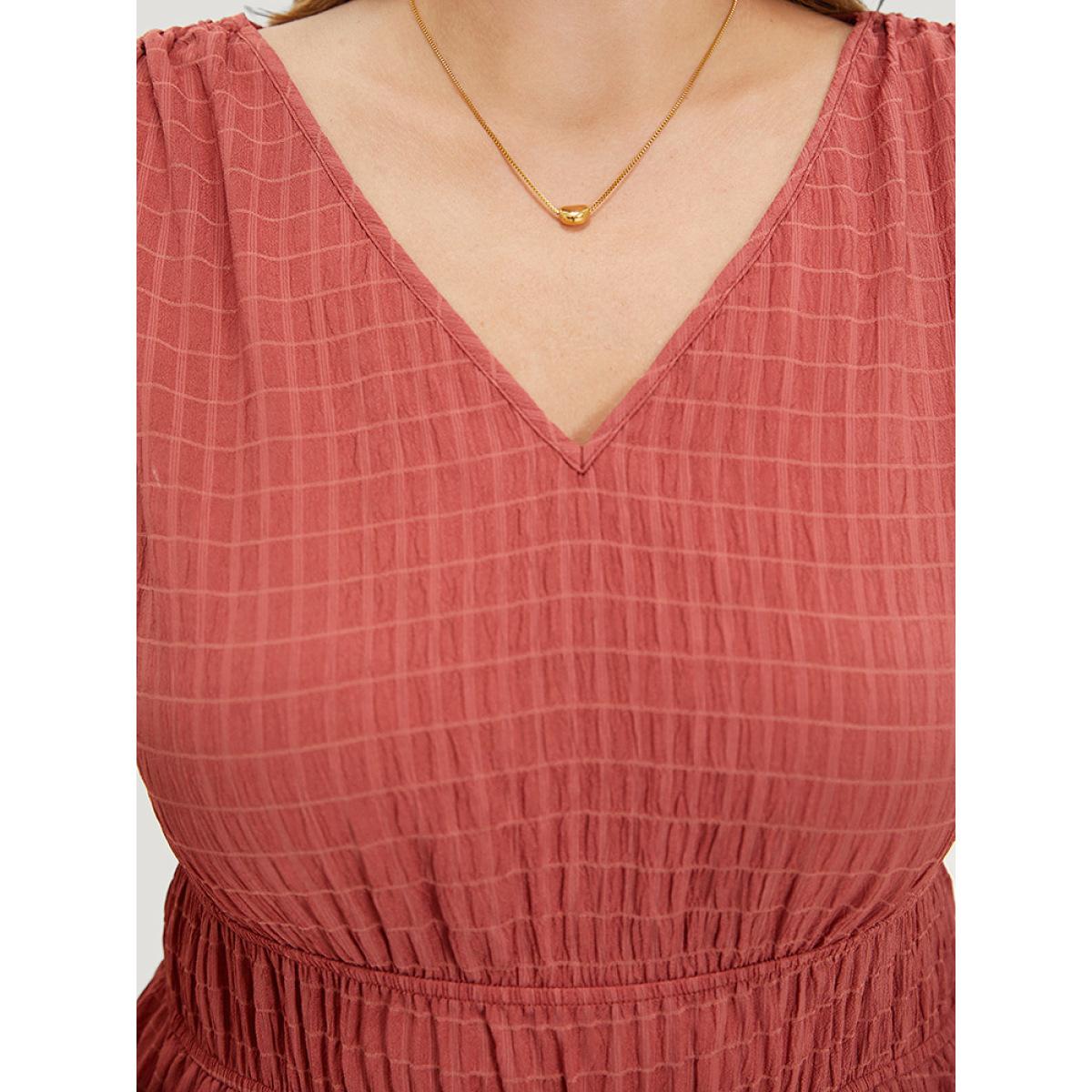 Plus Size V Neck Drawstring Sleeveless Pocket Elastic Waist Dress Coral Women Elegant Gathered V-neck Sleeveless Curvy Midi Dress BloomChic 12/L Product Image