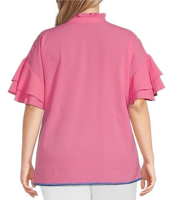 Calessa Plus Size Embroidered Ruffled V-Neck Cap Sleeve Shirttail Hem Top Product Image
