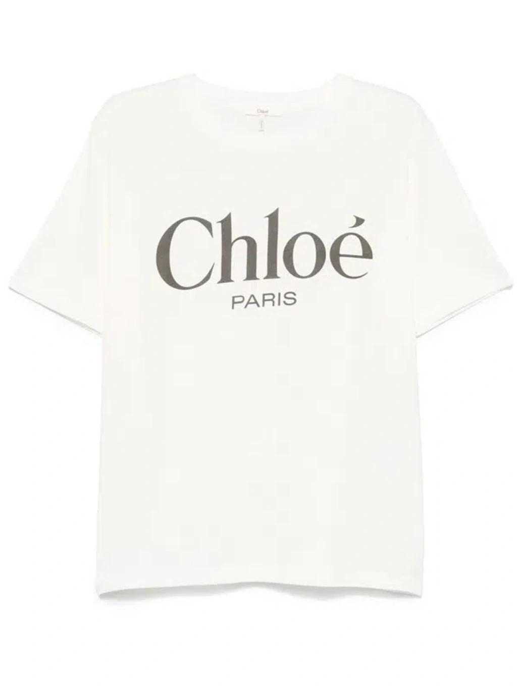 CHLOÉ White Crewneck T-shirt With Logo Print On The Front In Cotton Woman Product Image