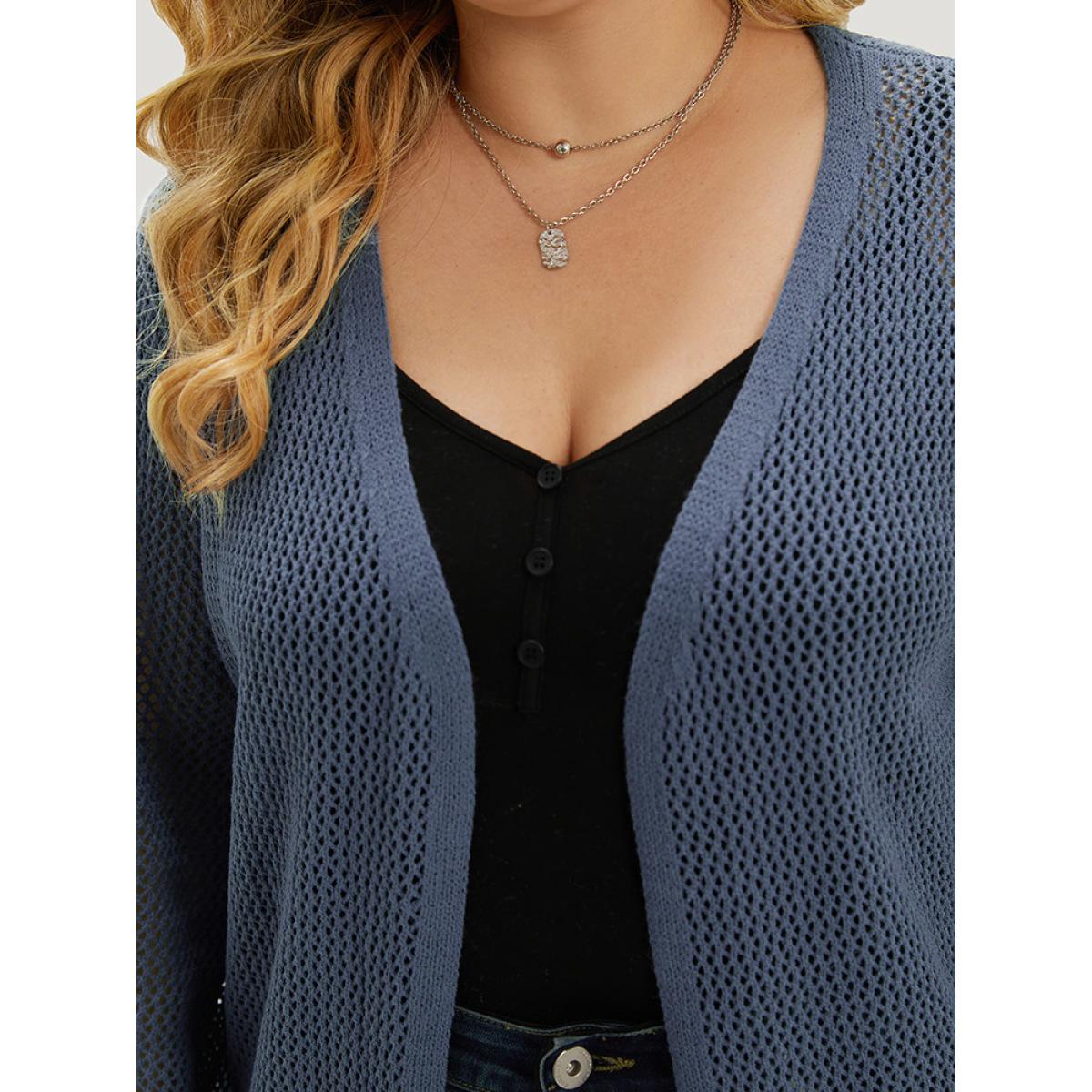 Plus Size Solid Geometric Eyelet Open Front Cardigan Aegean Women Casual Loose Long Sleeve Dailywear Cardigans BloomChic 12/L Product Image