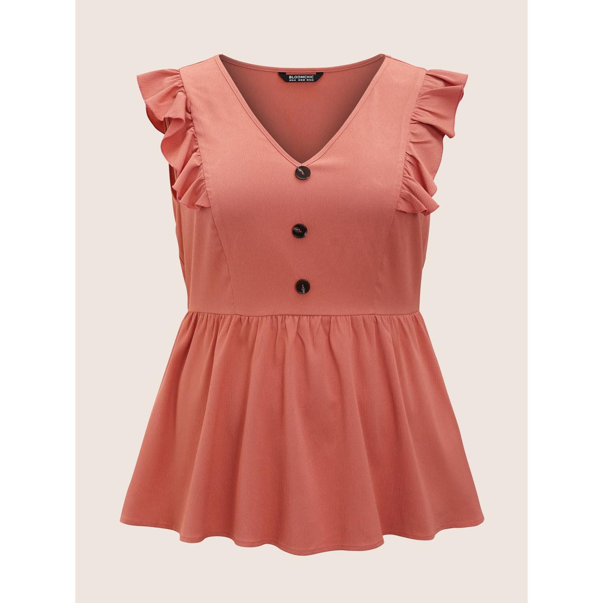 Plus Size Deep V Neck Ruffles Button Detail Gathered Tank Top Women Coral Casual Texture Deep V-neck Everyday Tank Tops Camis BloomChic 22-24/3X Product Image