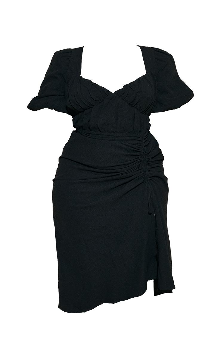 Plus Black Puff Sleeve Ruched Split Side Midi Dress Product Image
