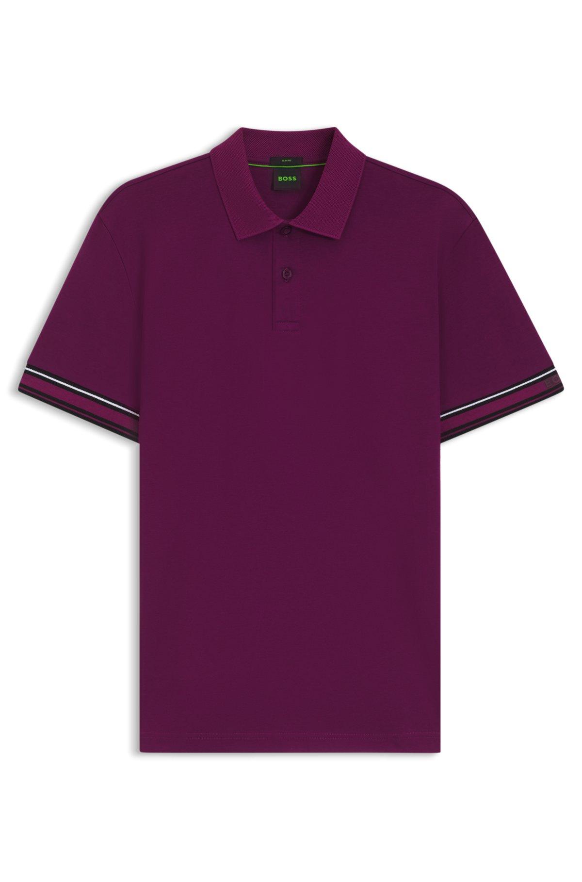 BOSS - Slim-fit polo shirt in cotton with striped collar - Pink Product Image